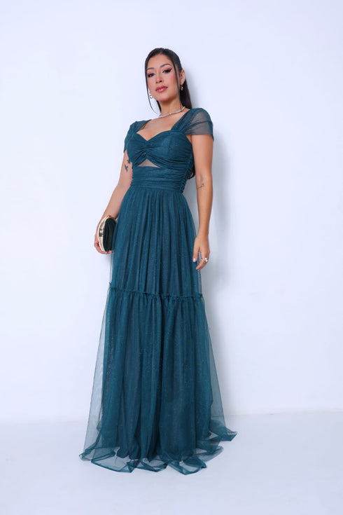 VESTIDO DECOTE TRIANGULO TULE BRILHANTE VESTIDO DE FESTA PETRA FINA VERDE ESMERALDA P